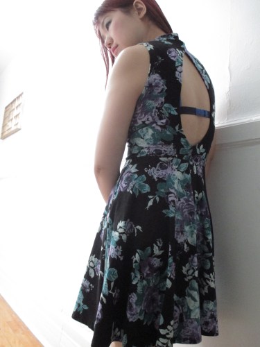 This dress is a "skater" dress.  High collar with an open back and flow-y short skirt!