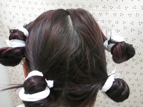 Not a pretty hairstyle at all!  But do at at night when no one is looking!  I made my own scrunchies!