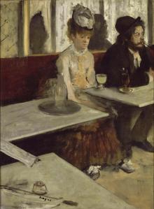 The depressing qualities on life in general.  Degas paints it in a disconnected way with the clutter of zig-zaging bar tables.  The sadness of drink.
