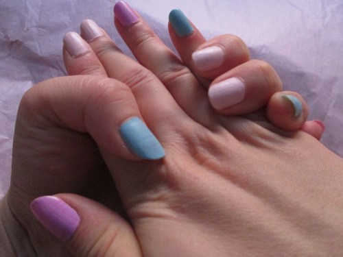 Yummy pastel colours remind me of candy and meringue.  Use a matte top coat...