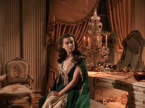 One of my favourite outfits in the film. A green velvet house coat with gold embellishments. When I lounge around my place, I don't look like this!!