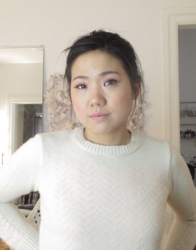 My attempt at achieving the same look. Pastel eye shadow, with darker lined brows, shadow lined eyes, and fake lashes. finish with pastel lip colour/nude. 