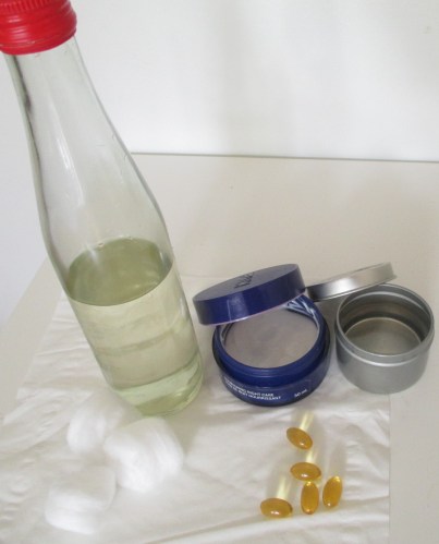 Some of my skin care products that I have a regular relationship with. Toner and cotton balls, vitamin E capsules, heavy night cream, and coconut oil. Lots of work, but it is worth it! Kinda of like a boyfriend. :)