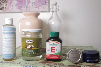So these are the 5 products I use nightly! it's a lot, but don't knock what works: (left to right) liquid castile soap, virgin coconut oil, vitamin E, anti-age balm, night cream.