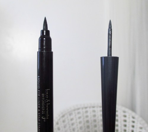 An inky black marker type liquid liner, verses a brush on liquid grey liner...
